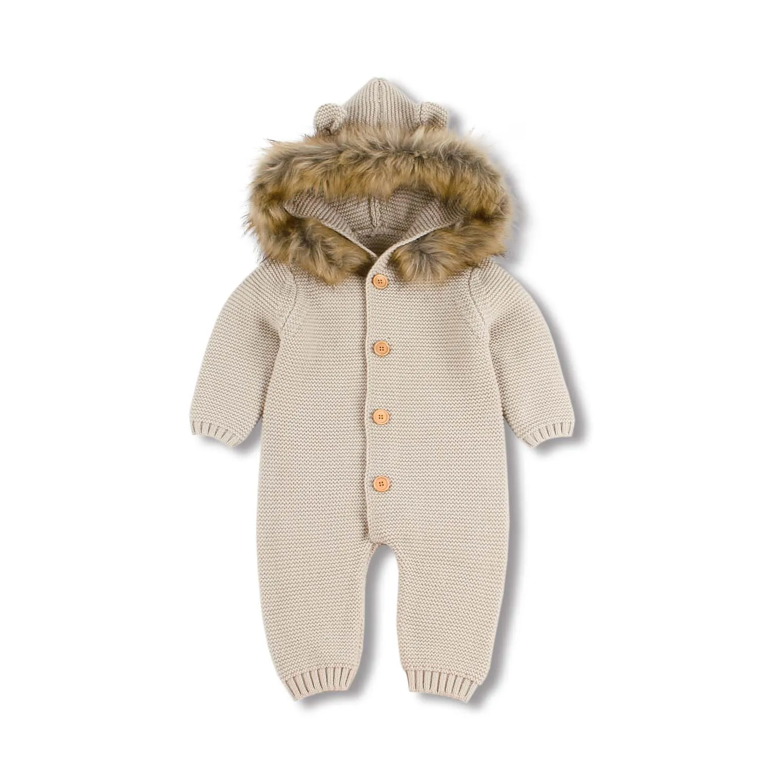 Winter Warm Children's Overalls Boys Clothes Bear Knitted Newborn Baby Rompers Hooded Full Sleeves Infant Girl Jumpsuits Outfits - Цвет: Beige Baby Romper