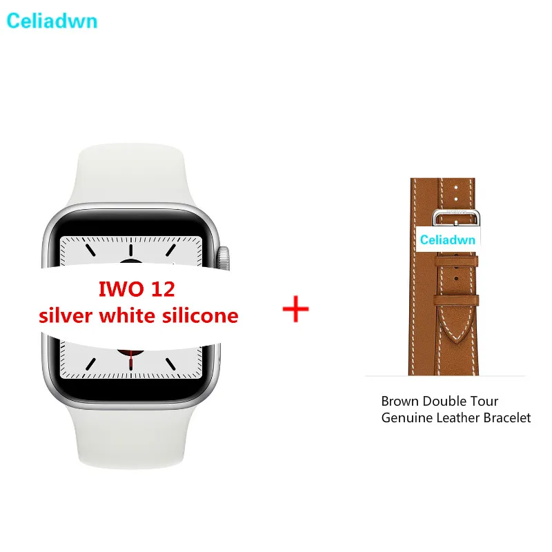 Silver Brown Herme Смарт-часы с Bluetooth, умные IWO 12 1:1 40/44 мм Series 5 монитор сердечного ритма ЭКГ, Смарт часы для iPhone Android телефон PK IWO на возраст 8, 9, 10, 11 - Цвет: Silver Brown Herme