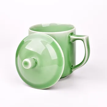 

Longquan Green Porcelain Tea Office Cup with Handle Lid Ceramic Celadon Cup