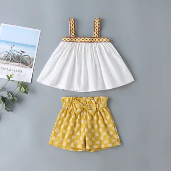 

2020 Summer Infant Rompers Clothes Strap Print Tops Bow Yellow Shorts Baby Girls Clothes Rompers Baby Costume 12M-5T