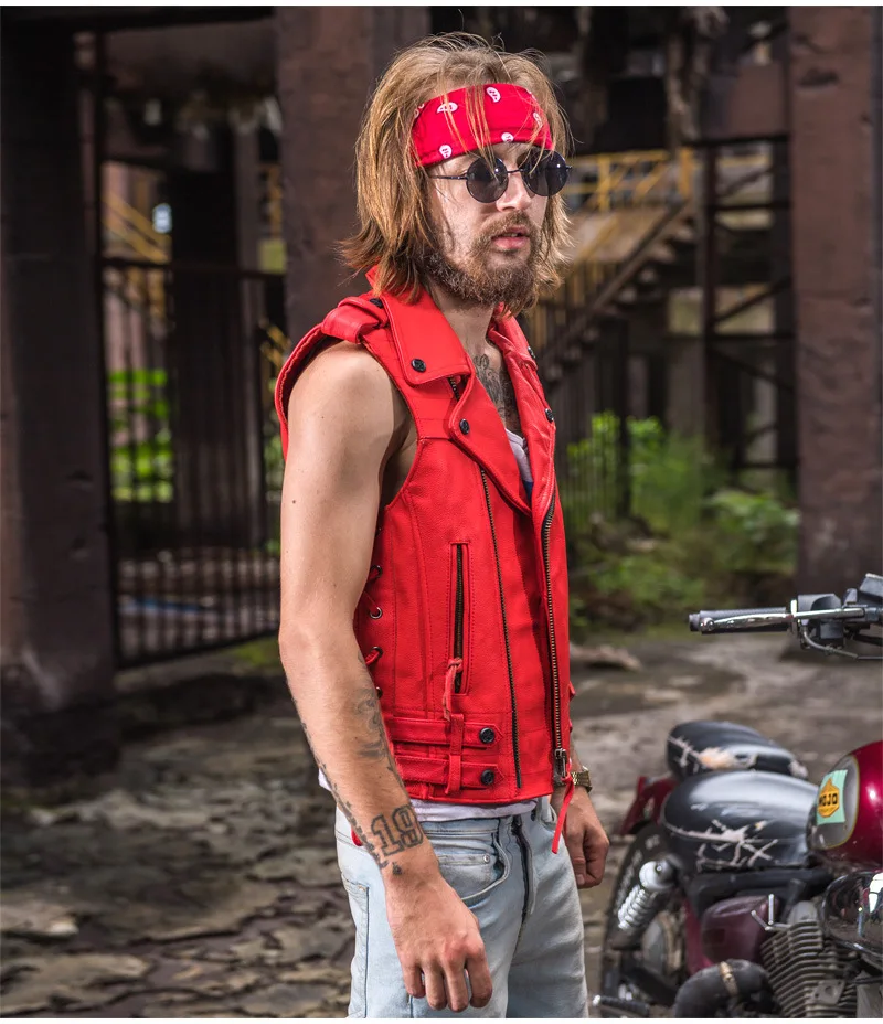 Красный мужской американский кожаный жилет мотоциклиста плюс размер XXXL натуральная Толстая воловья тонкая Байкерская кожаная жилетка