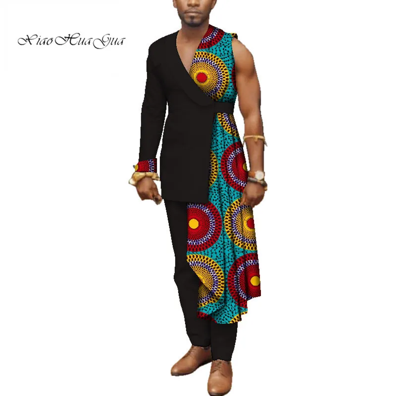 Bazin Riche лоскутный топ на одно плечо и брюки хлопок 2 шт брюки наборы специальный заказ Мужская африканская одежда WYN497 - Цвет: 21