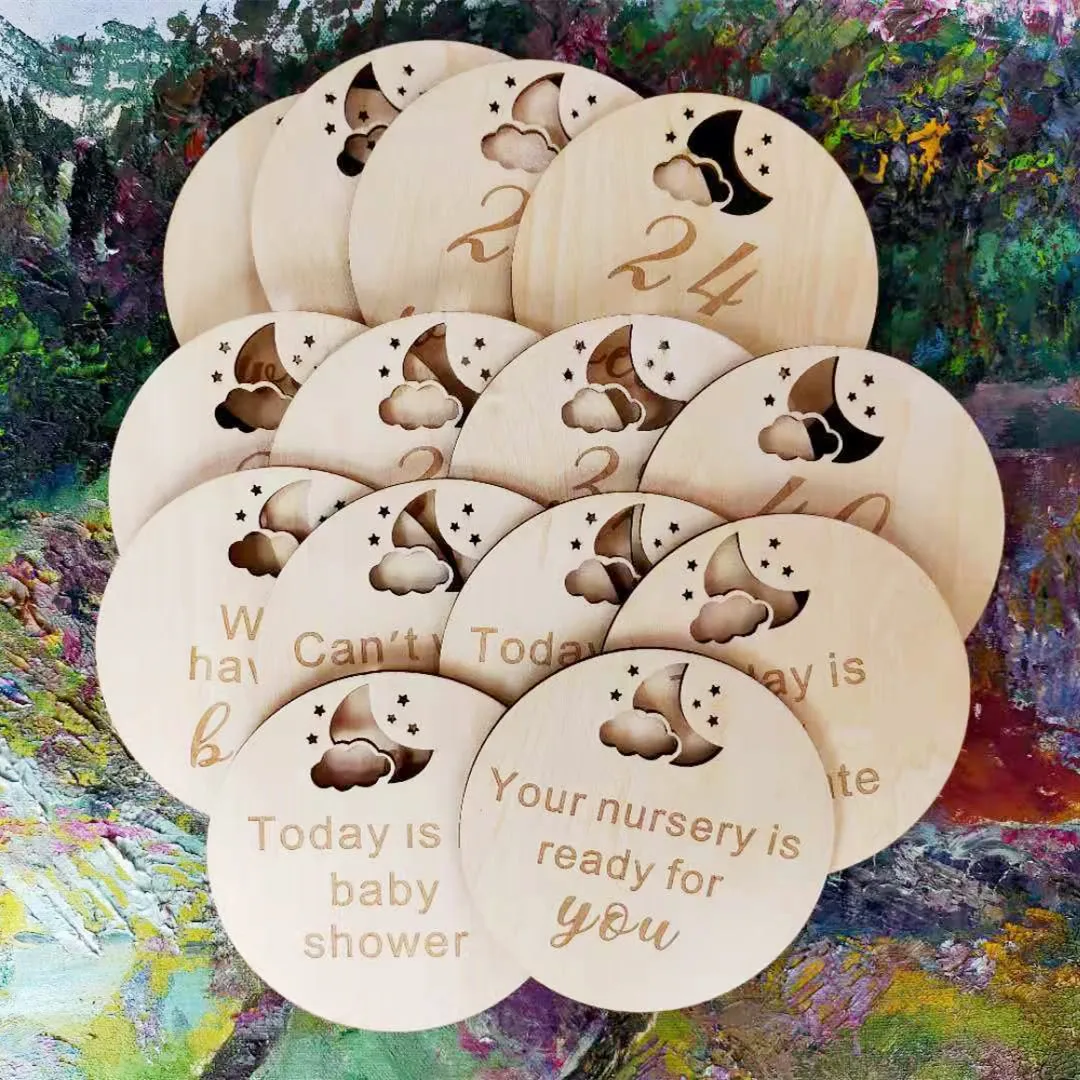 Wooden Pregnancy Milestones Cards Pregnancy Announcement Moon Star Cloud Design Milestone Card image_1