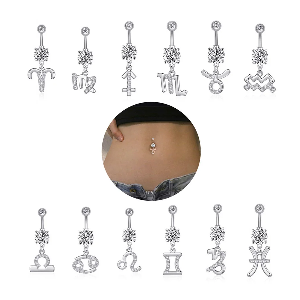 12PCS Constellations Piercing Belly Button Bars Set Navel Ring Stud for Women Surgical Steel Post Sexy Piercings Jewelry 14G