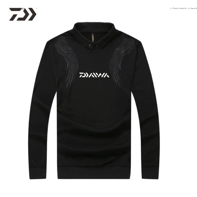 Черный Daiwa одежда, мужская рубашка для рыбалки, повседневная, весна-осень, круглый вырез, свободный, большой размер, черный, длинный рукав, одежда для рыбалки, для улицы, 2XL-7XL - Цвет: Черный
