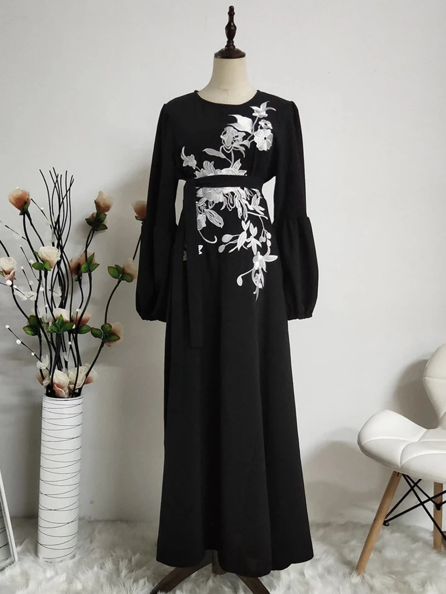6214#Eid Middle East Flowers Embroidery Hijab Dress - CHAOMENG MUSLIM SHOP