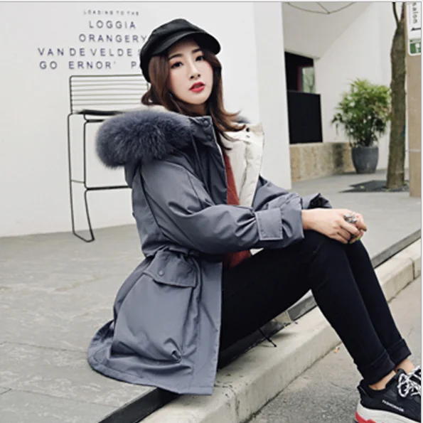 New Down Jacket Women's Fashion Casual White duck real fur Collar Short section Waist cotton coat Student Jacket - Цвет: Cotton