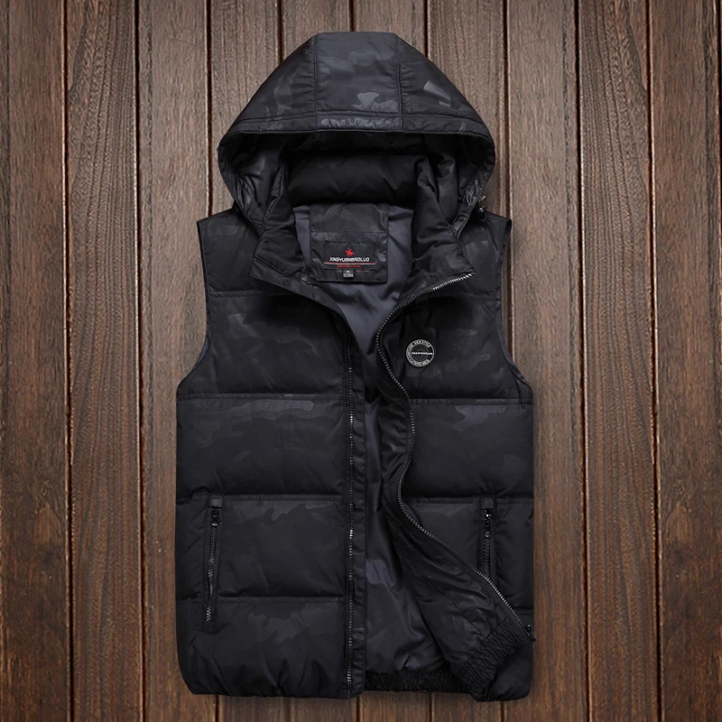 Black Vest Мужской Камуфляжный Повседневный жилет вниз Новая осень зима Мужская классическая ветровка парка мешковатая верхняя одежда с капюшоном куртка без рукавов - Цвет: Black Vest