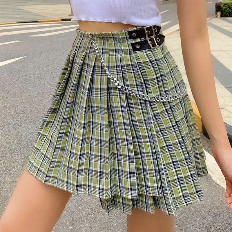 

Lofia Asymmetric High Waist Plaid Skirt Pleated Women Chain Waist Buckle Short Mini Skirt Summer Sweet Faldas Cortas Mujer