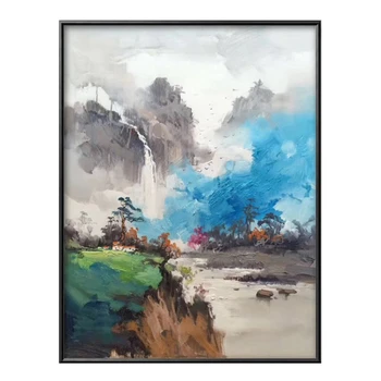 

Hand painted Modern art Chinoiserie Abstract Oil Painting chinese style green mountain Wall Art Picture on canvas home Decor