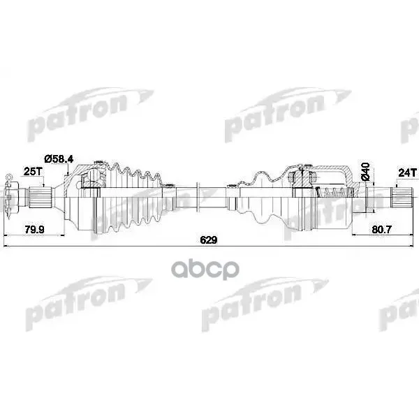 Полуось Левая 25x629x58,4x24 Citroen: Berlingo 08-, C4 04- Peugeot: 307 00-, Partner 08- PATRON арт. PDS0147