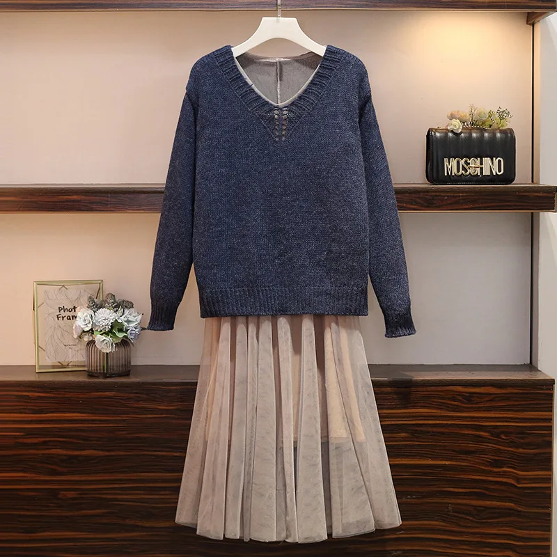 

Photo Shoot 2019 Autumn And Winter New Style Korean-style Large Size Chubby Size Fashion Mesh Skirt Slimming Sweater Set 4819812