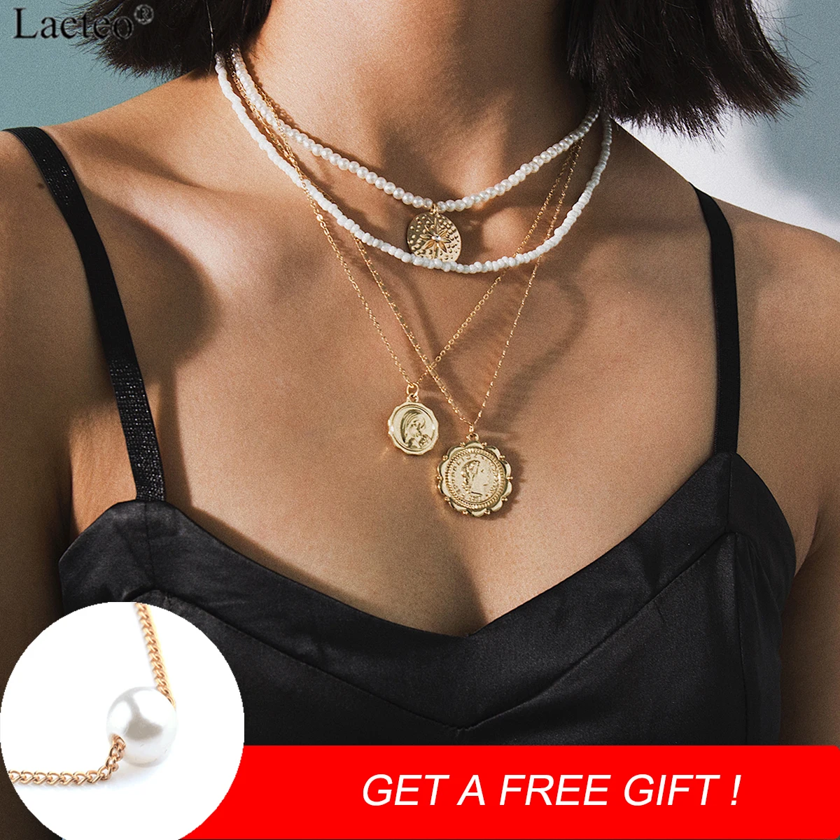

Lacteo Bohemian Multi Layer Virgin Mary Face Carved Coin Pendant Necklaces Women Statement Pearl Chain Choker Necklace Jewelry
