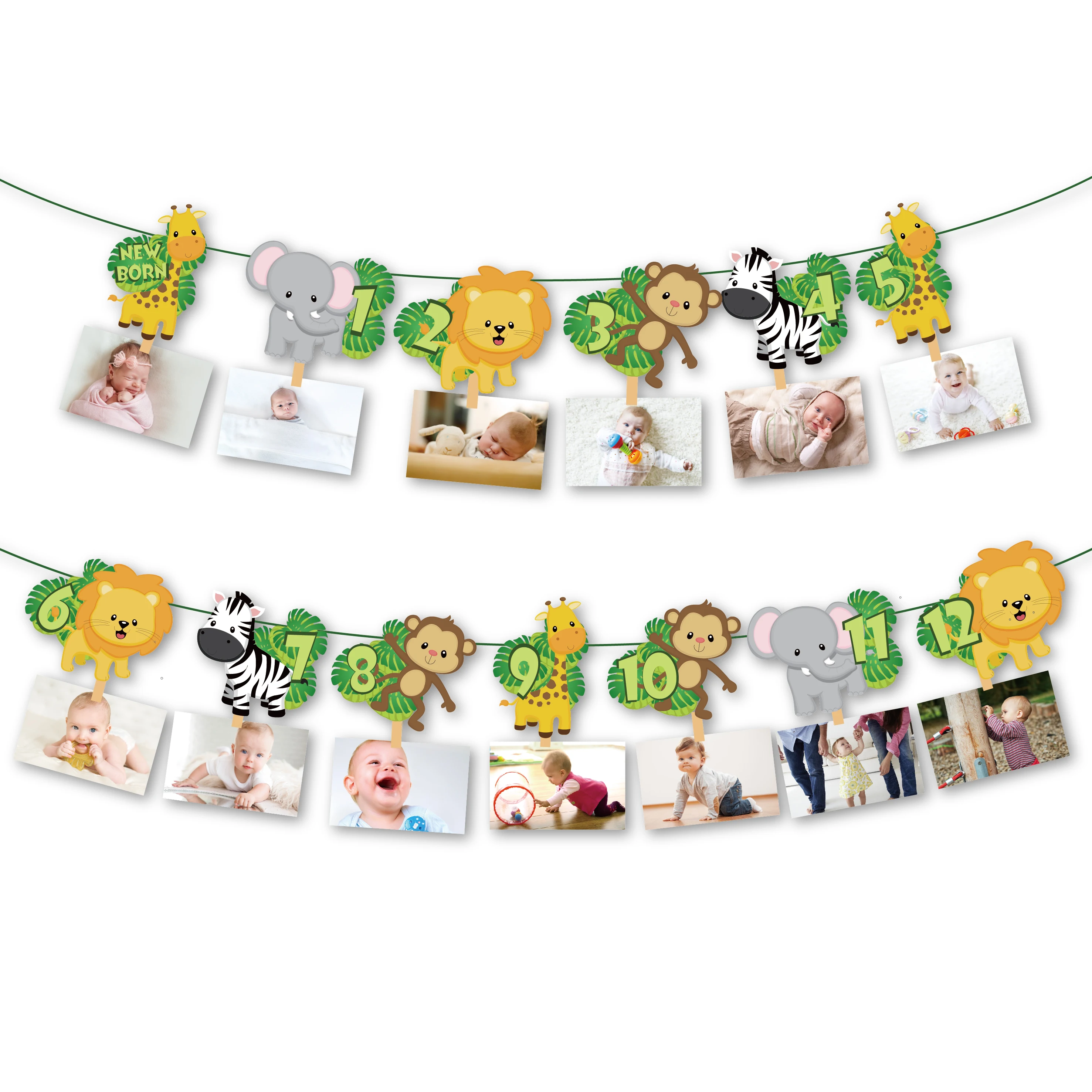 Cartoon Jungle Animals Theme Baby Shower DIY Photos Display Hanging Banner Party Decoration Kids Happy Birthday Supplies | Дом и сад