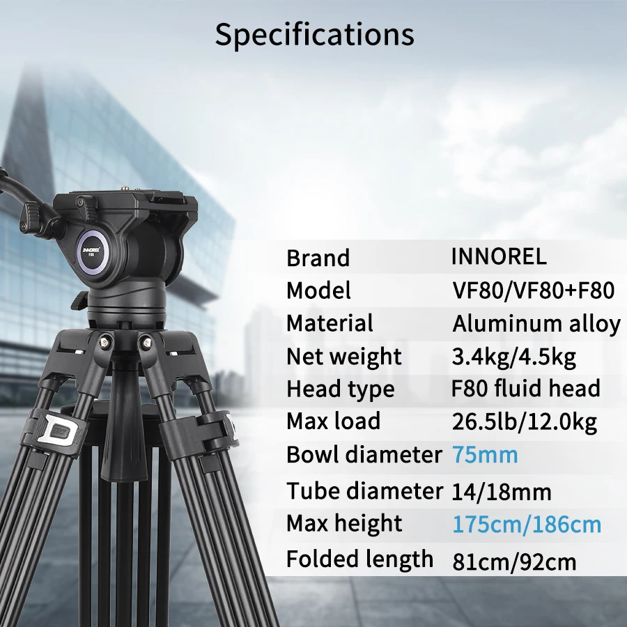 Description Picture 3 of itemINNOREL VF80 Professional Heavy Video Aluminum Tripod with Hydraulic Fluid Head F80 For DSLR Camera Camcorder Slider 12kg Load