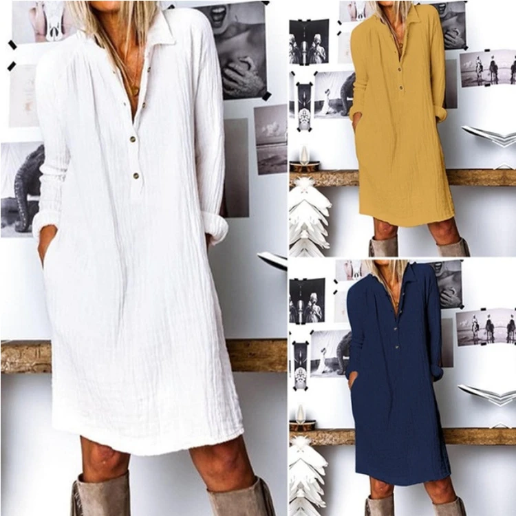 Oversize Cotton Linen Women's Dress Casual Long Sleeve Pocket White Dresses Female Pregnant Summer Black Loose Clothes Ladies red dress