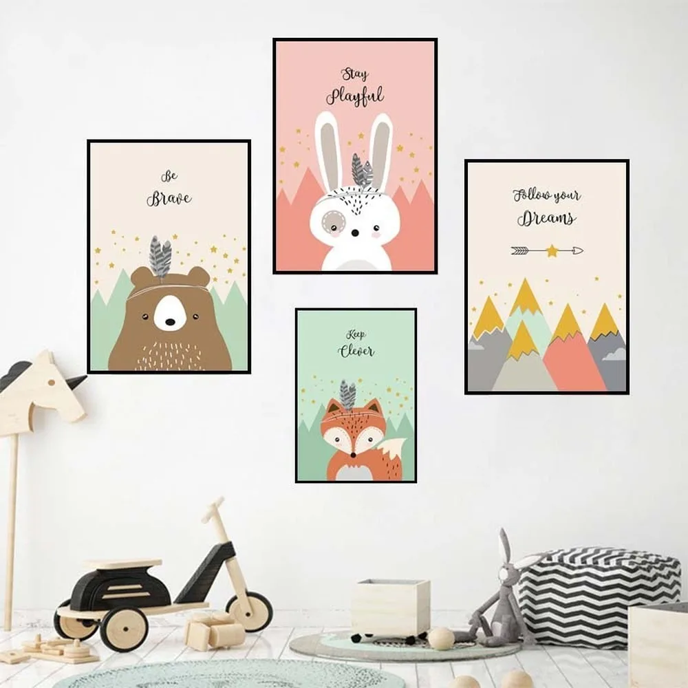 

Cartoon Animal Canvas Painting Cute Rabbit Bear Fox Photo Wall Combination Decor Painting Children's Room Kindergarten Art Mural