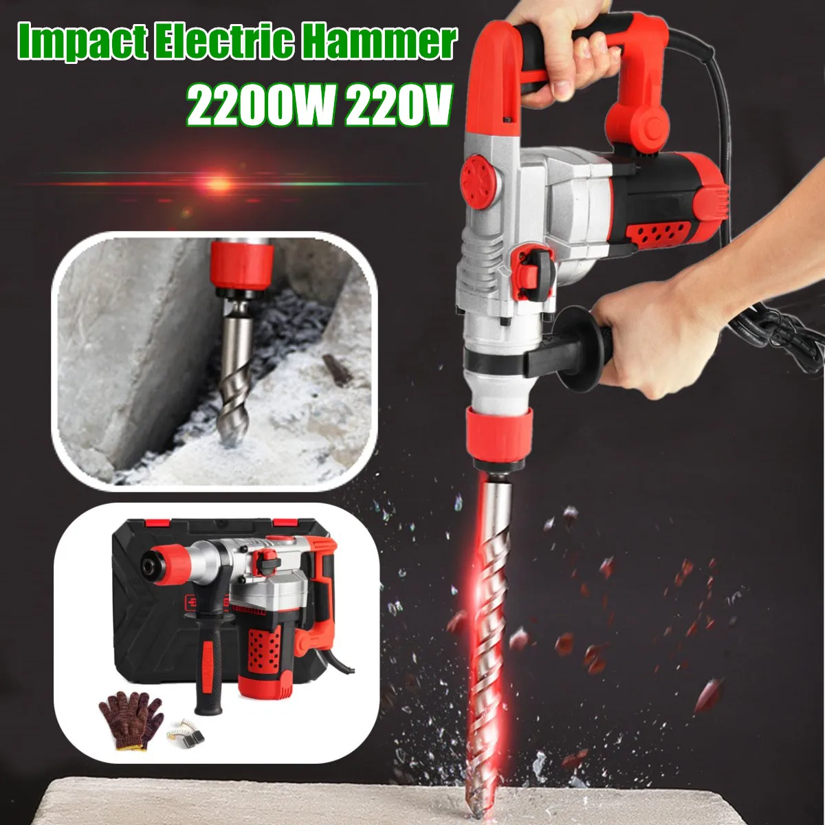 US $126.58 Multifunction 2200W 220V Electric Heavy Duty Impact Hammer Drill Concrete Breaker 360 Rotary SubHandle Impact Electric Hammer