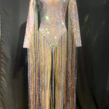 Сексуальный цветной Блестящий трико с кристаллами и кисточками, боди, Одежда для танцев, Женский цельный костюм для выступлений на день рождения