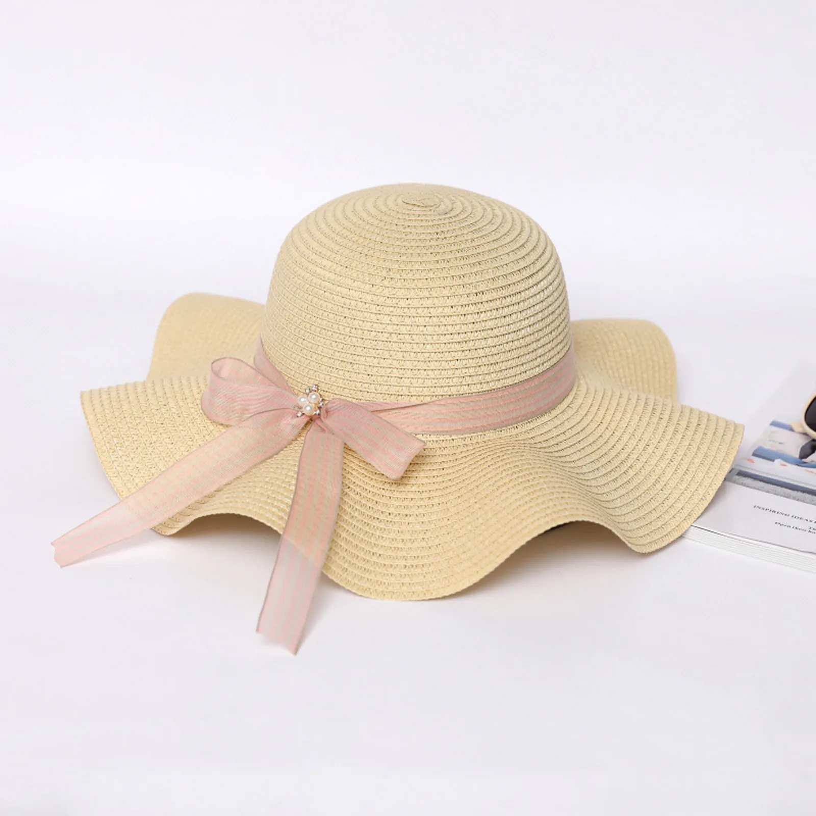 Шляпа женская Соломенная с бантом модная Солнцезащитная однотонная пляжная