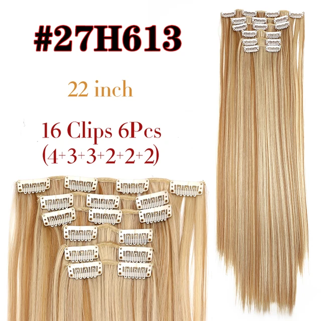 Synthetic 6H/613# Clip In On Hair Extensions 6Pcs/Set 16 Clips Hair Extension Full Head 55Cm Straight Synthetic Fiber Hairpieces 27H613