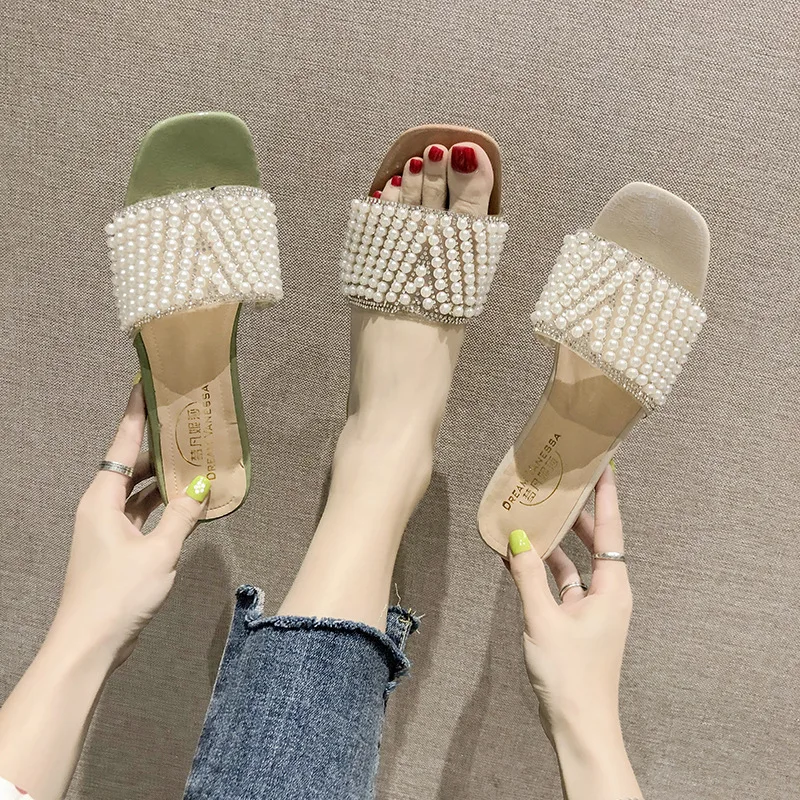

Online Celebrity Cool Women's Outer Wear 2019 New Style Versitile Fashion Pearl Sandals Chunky Heel Semi-high Heeled Fairy Slipp
