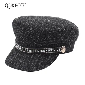 

QDKPOTC 2020 Hat Spring Autumn New Women Letter Belt Military Hats Fashion Leisure Flat Cap Female Elegant Travel Navy Cap