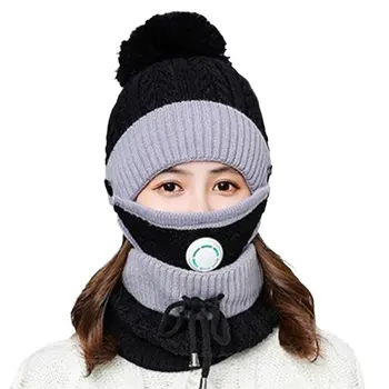 

3 Pcs Set Anti-fog Hats Women Winter Beanies Thick Hat Mask Bib Skullies Beanie Hat Dustproof Hats Female Warm knitted Wool Caps