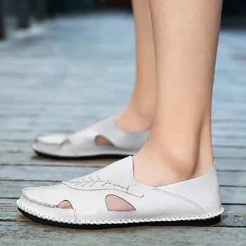 

Men Sandals summer split Leather Beach Breathable Sandals Outdoor Causal Shoes slip on Fashion Comfortable Footwear