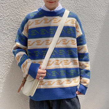 

2019 Winter Men's Round Neck Coats Long Sleeve Cashmere Sweater Male Leisure Hit Color Pullover Keep Warm Wool Knitting M-2XL