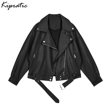 

Fashion Ladies Motorcycle Faux Leather Jacket Women Spring New Loose PU Leather Jacket Short Biker Zippers Streetwear Black Coat