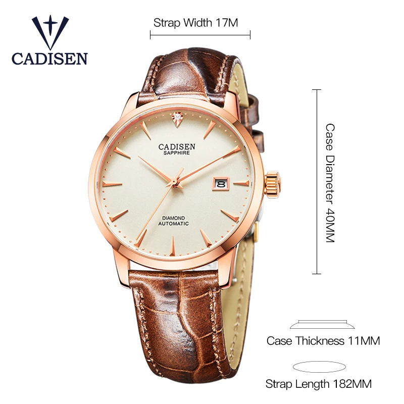 CADISEN, мужские часы, автоматические механические наручные часы MIYOTA 9015, Топ бренд, роскошные часы с настоящим бриллиантом, изогнутые часы с сапфировым стеклом