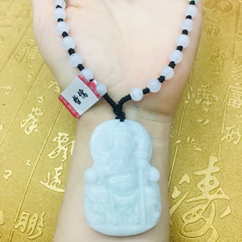 

NNatural JADESt Pendant Carved Station Guan Gong Wu Fortune Pendant with Tri-Color Bead Necklace Men's Pendant Chain