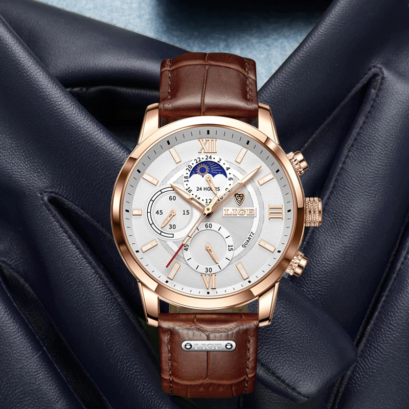 Precio Especial LIGE-reloj analógico con correa de cuero para hombre, nuevo accesorio de pulsera de cuarzo resistente al agua con calendario, complemento deportivo Masculino de marca de lujo con diseño moderno, color marrón, 2021 Myw5eMGb5Aq
