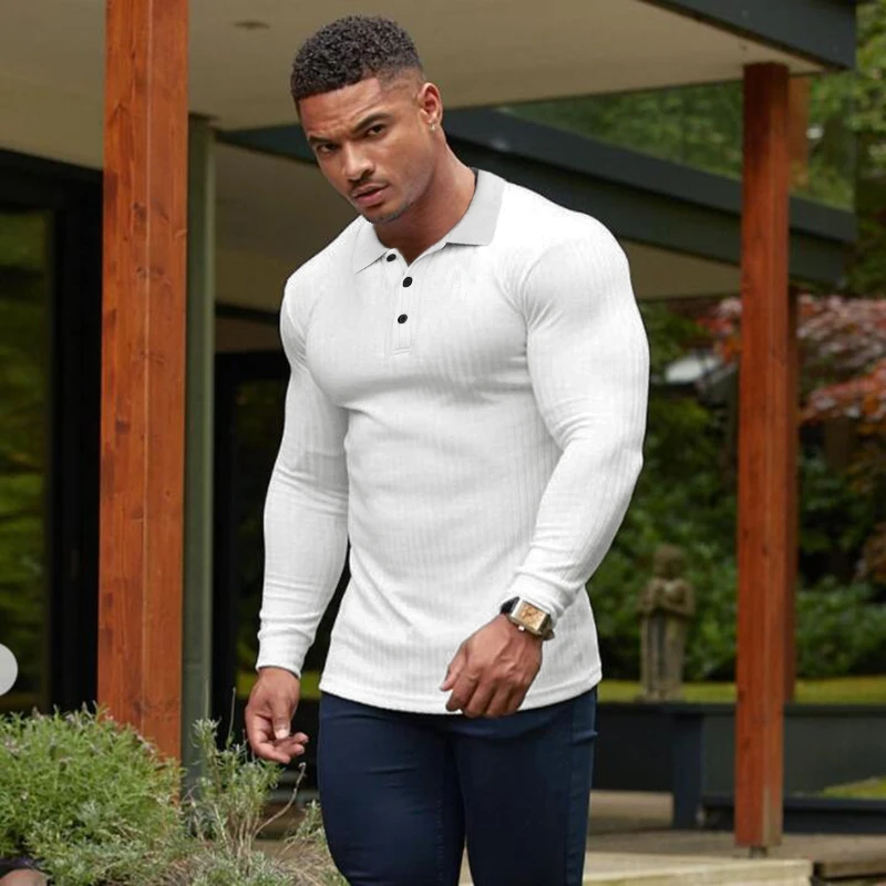 Frühling Herbst Mode Männer Langarm Gestrickte Polo-Shirt Fitness Kleidung Slim Fit Streifen Polo T-shirt Männlich Marke Gym Tees Tops – Detail 6