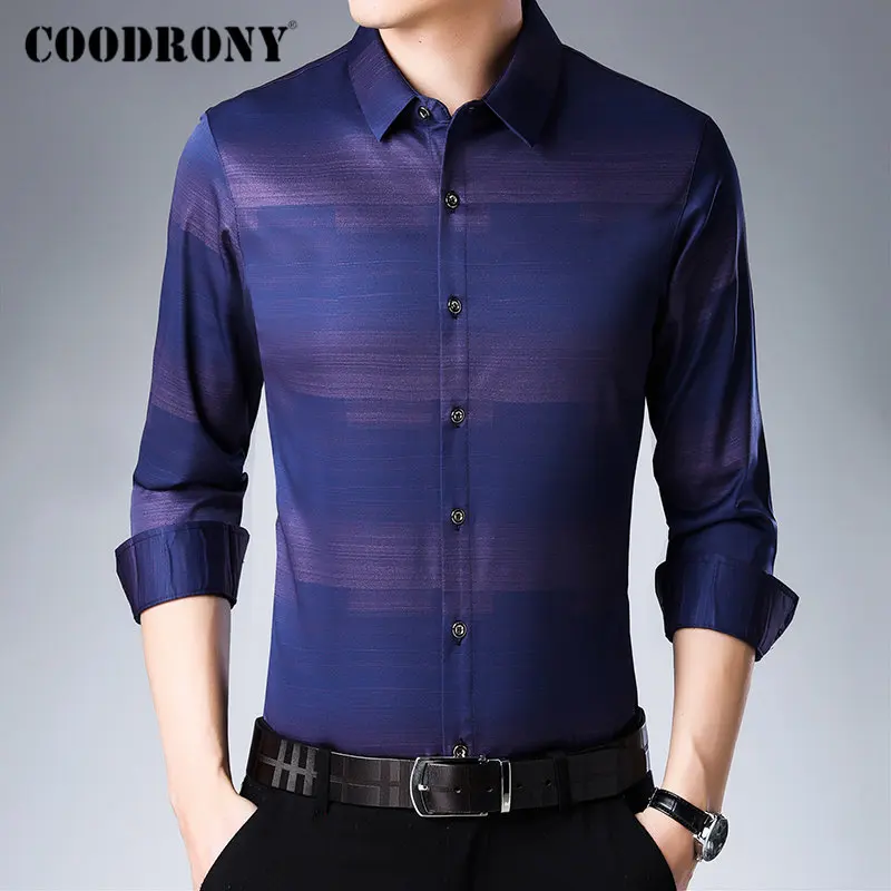 COODRONY Брендовые мужские рубашки с длинным рукавом, Хлопковая мужская рубашка, Осень-зима, мужские повседневные рубашки, уличная полосатая рубашка Masculina 96066
