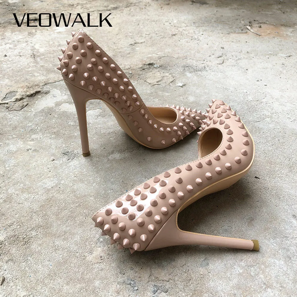 Женские туфли лодочки Veowalk белые с заклепками на высоком каблуке резиновыми