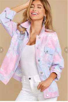 

Women's Fall Jacket, Dye Printed Top, Loose Long Sleeve Lapel Neck Chest Pocket Metal Buttons Clothes