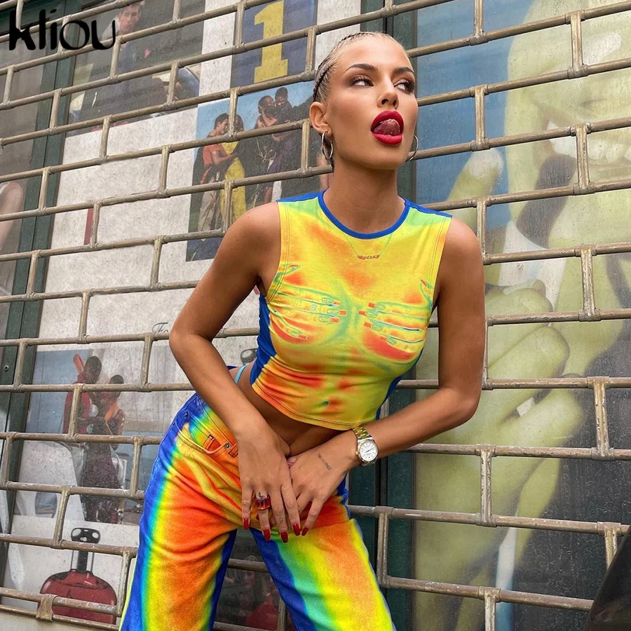 Kliou Y2K Sleeveless Vest Women Summer Hipster Print Skinny Crop Tops Tees Street All-matching Concise Tanks Female Hot T-shirt | Женская