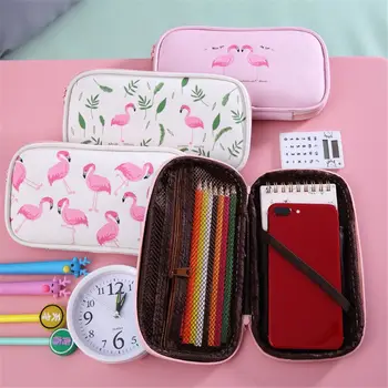 

Cartoon Flamingo Pencil Case PU Large Capacity Zipper Pencil Box Portable Storage Bag Kawaii Stationery Holder Students Pen Bag