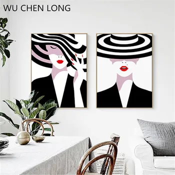 

WU CHEN LONG Nordic Beauty Decorative Mural Portrait Painting Black And White Pink Literary Wall Painting Home Decor A2015