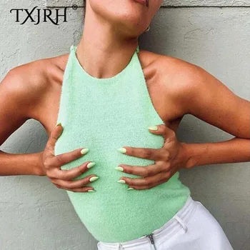 

TXJRH Sexy Streetwear Knitted Shaggy Women Camis Fashion O-Neck Backless Bandage Crop Halter Chic Fashion Women Tank Top 2 Color
