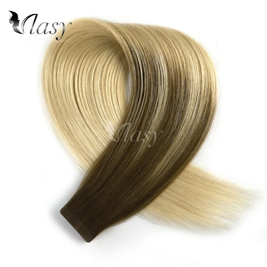 Vlasy 20'' Straight Tape In Human Hair Extension Remy Skin Weft Adhesive Hair Balayage Color Salon Style 2.5g/pc
