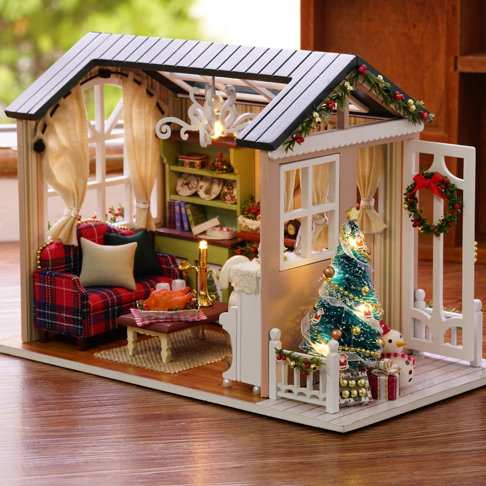 DIY Рождественский миниатюрный набор для кукольного домика реалистичный мини 3D деревянный дом комната ремесло с мебель светодиодный свет детский подарок на день