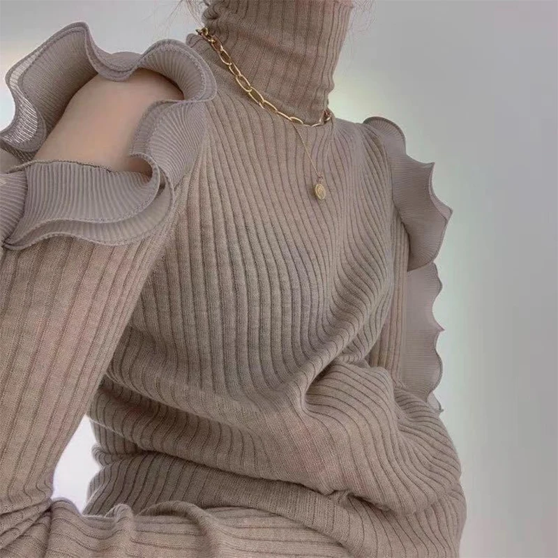 

New Autumn 2020 High Neck Pullover Open Shoulder Ruffle Knit Thin Fine Plush Sweater With Elastic Bottom Women Top