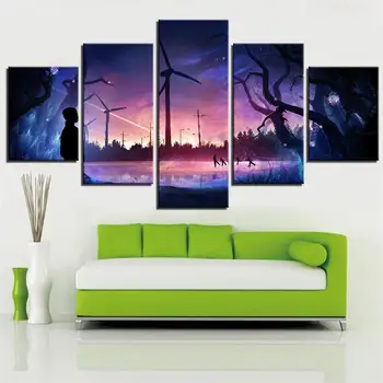

5 Panels Night Starry Sky Cartoon Scenery Posters Skating On The Ice Canvas Oil Painting Pictures Wall Picture For Living Room