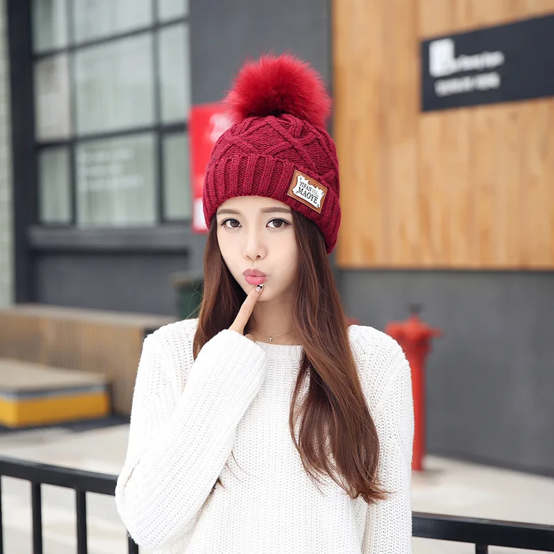 Зимняя женская шапка, вязаная шапка Skullie Beanies, шапка с помпонами, шапка для улицы, черная утолщенная шапка для девушек, женская шапка