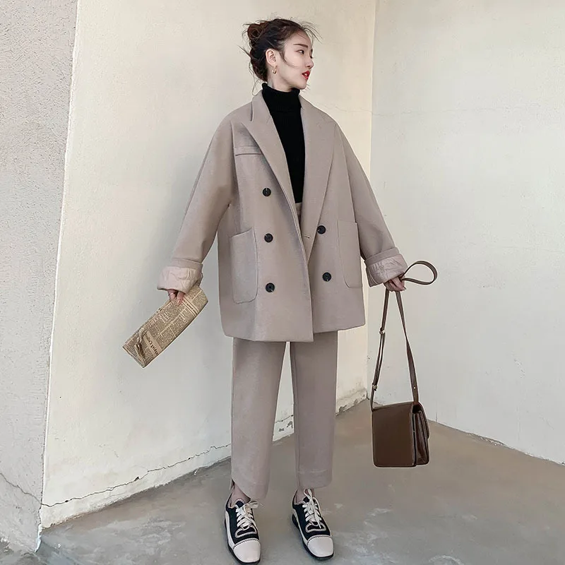 Photo Shoot Woolen Suit WOMEN'S Suit Autumn And Winter New Style Korean-style Loose And Plus-sized Woolen Overcoat Suit Two