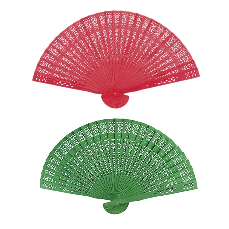 cheap 2 Pcs 8 Inch Chinese Japanese Folding Fan Wooden Hand Flower Bamboo Pocket Fan for Home Decor Party Decoration Rose Red amp; Gree