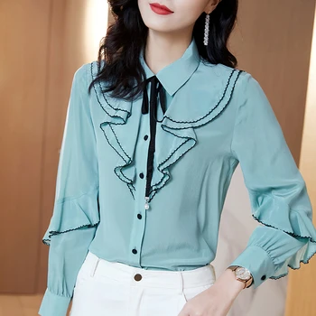 

100% Natural Real Silk Office Lady Shirt Elegant Turn-down Collar Ruffles Long Sleeve Vintage Blouse Women Tops Blouses Autumn